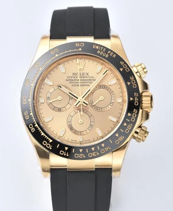 Durable Clean Factory Rolex Daytona 116518LN Yellow Gold Dial and Case Black Ceramic Bezel Cal.4130 Black Oyster Rubber Oysterflex Strap 343